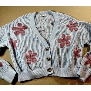 Arizona Jean Co Sweater Women's Size M Oversized Open Cardigan Blue Pink Flowers